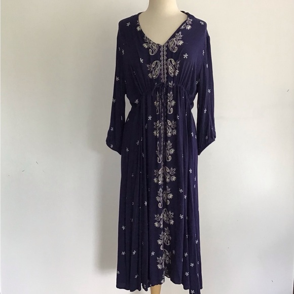 Boho Whimsygoth Witchcore Hippie drawstring rayon flowy long sleeve maxidress XL - Picture 1 of 10